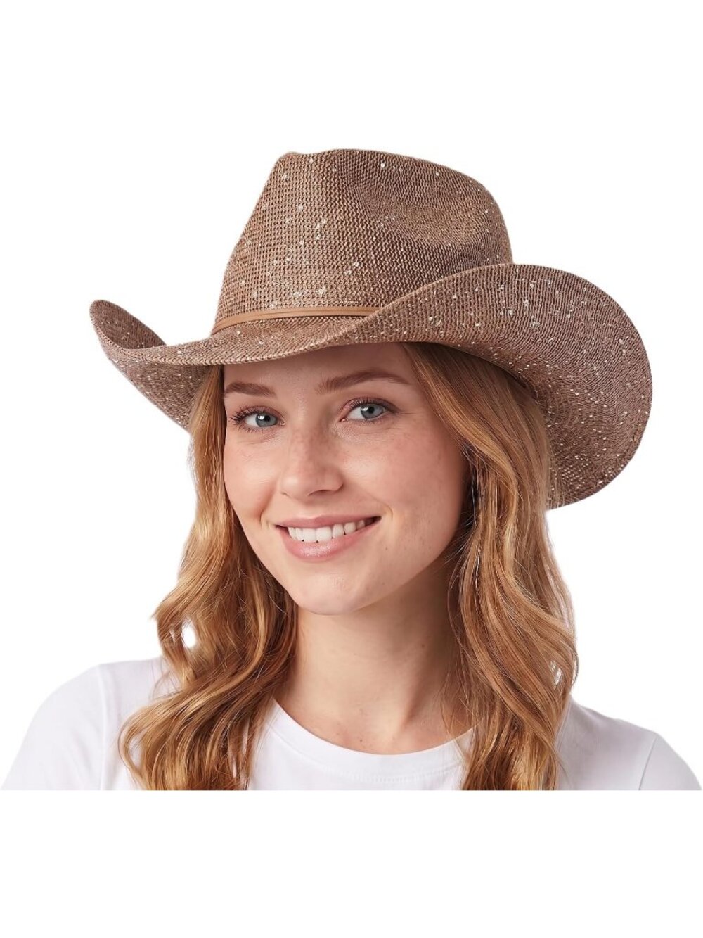 Women's Taupe Sparkly Sequin Suede String Trim Party Cowboy Western Hat